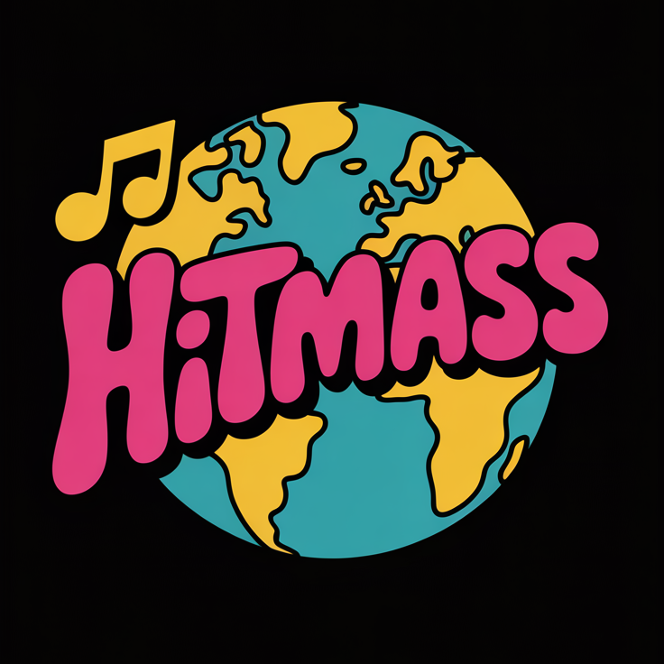 Hitmass logo: bubble letters over a retro globe with a music note